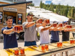 Image of people doing a stein hoist at the 10 Barrel Brewing Company booth at Brews and Tunes in Colorado
