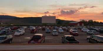 Image of the sun setting at the Holiday Twin Drive-In in Fort Collins, Colorado