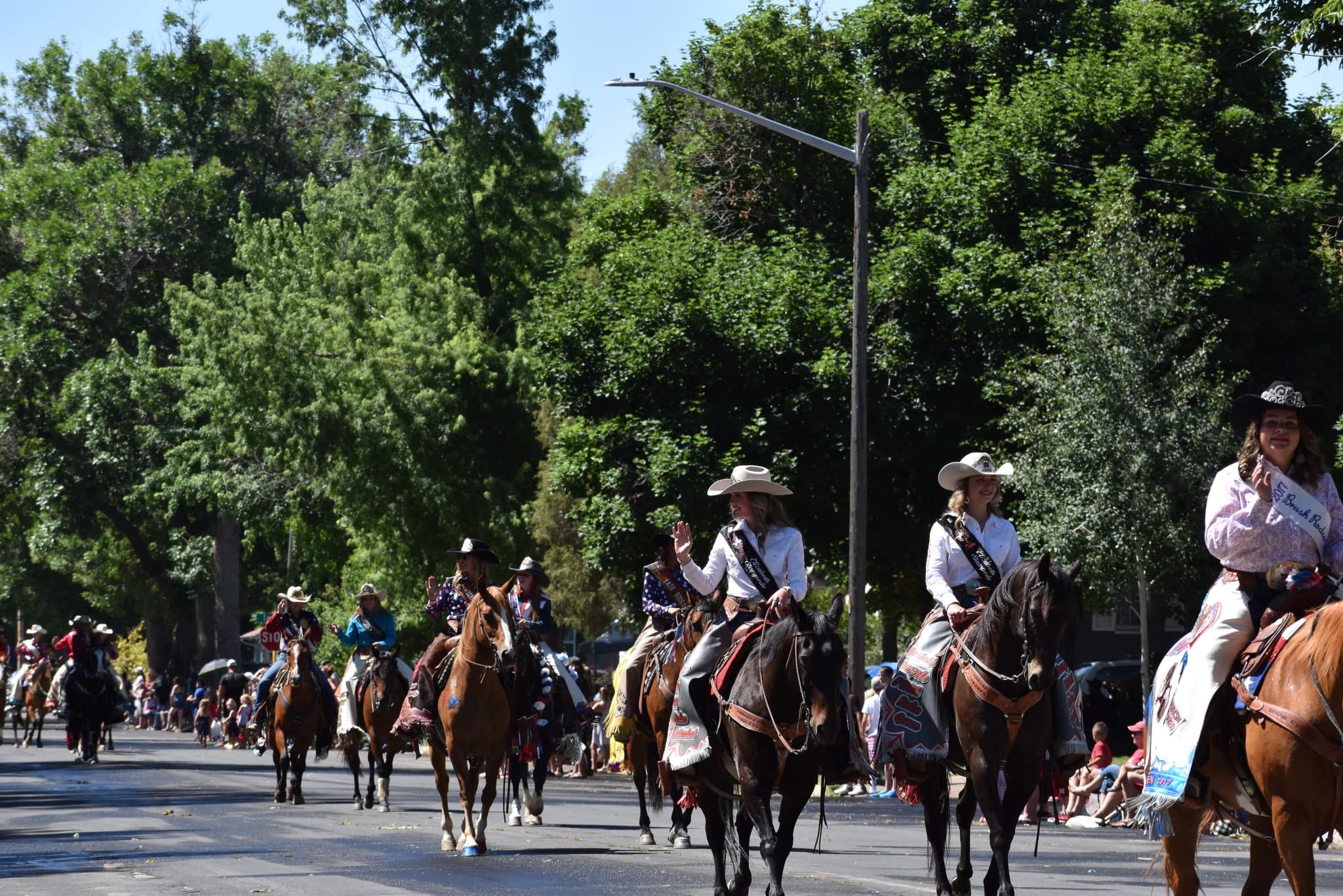 Parade down a street with several horses and cowgirls waving