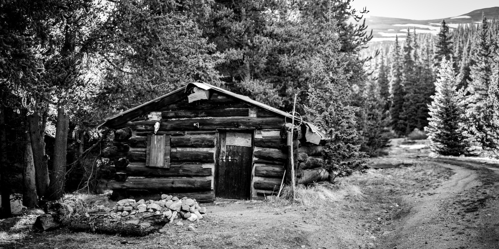 Black and white photo of Old Ram Shackle Cabin Alma CO